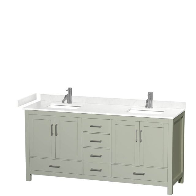 Wyndham Collection Sheffield 72 Inch Double Bathroom Vanity in Light Green with Carrara Cultured Marble Countertop, Undermount Square Sinks and Brushed Nickel Trim WCS141472DLGC2UNSMXX