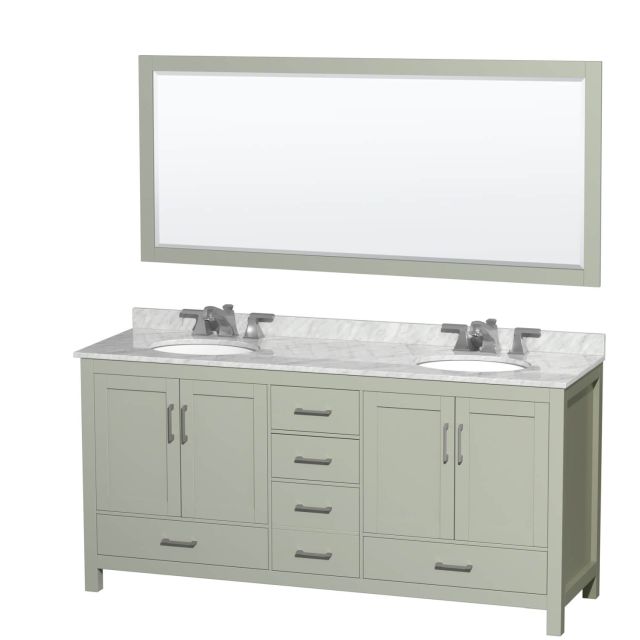 Wyndham Collection Sheffield 72 Inch Double Bathroom Vanity in Light Green with White Carrara Marble Countertop, Undermount Oval Sinks, Brushed Nickel Trim and 70 inch Mirror WCS141472DLGCMUNOM70