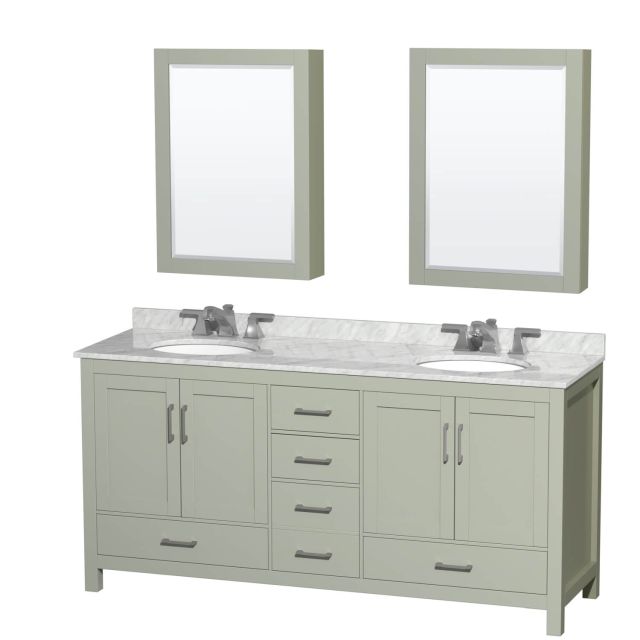 Wyndham Collection Sheffield 72 Inch Double Bathroom Vanity in Light Green with White Carrara Marble Countertop, Undermount Oval Sinks, Brushed Nickel Trim and Medicine Cabinets WCS141472DLGCMUNOMED