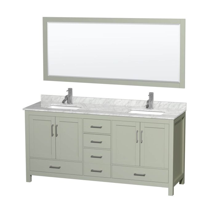 Wyndham Collection Sheffield 72 Inch Double Bathroom Vanity in Light Green with White Carrara Marble Countertop, Undermount Square Sinks and Brushed Nickel Trim WCS141472DLGCMUNSM70