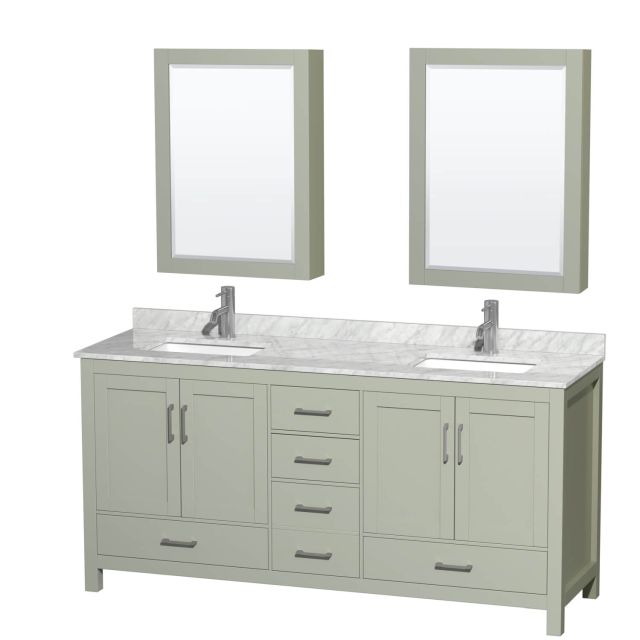 Wyndham Collection Sheffield 72 Inch Double Bathroom Vanity in Light Green with White Carrara Marble Countertop, Undermount Square Sinks and Brushed Nickel Trim WCS141472DLGCMUNSMED