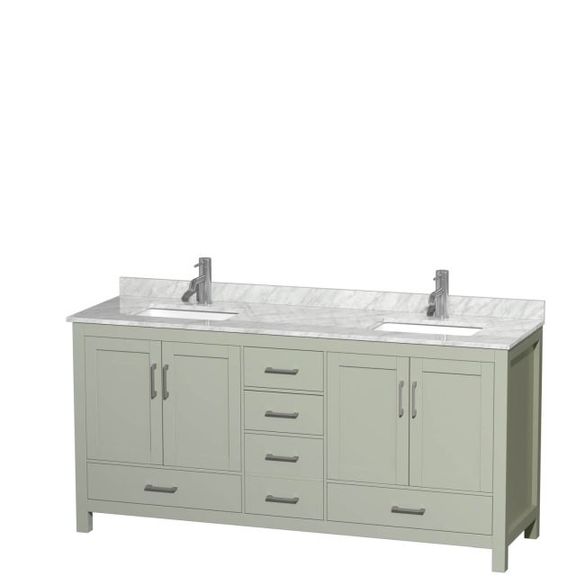 Wyndham Collection Sheffield 72 Inch Double Bathroom Vanity in Light Green with White Carrara Marble Countertop, Undermount Square Sinks and Brushed Nickel Trim WCS141472DLGCMUNSMXX