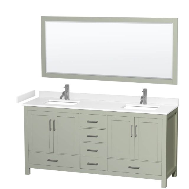 Wyndham Collection Sheffield 72 Inch Double Bathroom Vanity in Light Green with White Cultured Marble Countertop, Undermount Square Sinks and Brushed Nickel Trim WCS141472DLGWCUNSM70