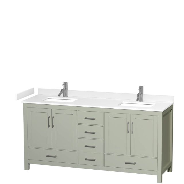 Wyndham Collection Sheffield 72 Inch Double Bathroom Vanity in Light Green with White Cultured Marble Countertop, Undermount Square Sinks and Brushed Nickel Trim WCS141472DLGWCUNSMXX