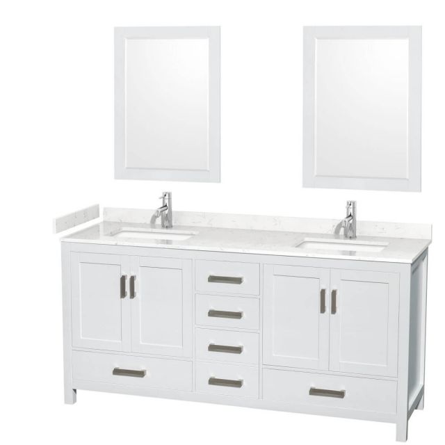 Wyndham Collection Sheffield 72 inch Double Bathroom Vanity in White with Carrara Cultured Marble Countertop, Undermount Square Sinks and 24 inch Mirrors - WCS141472DWHC2UNSM24