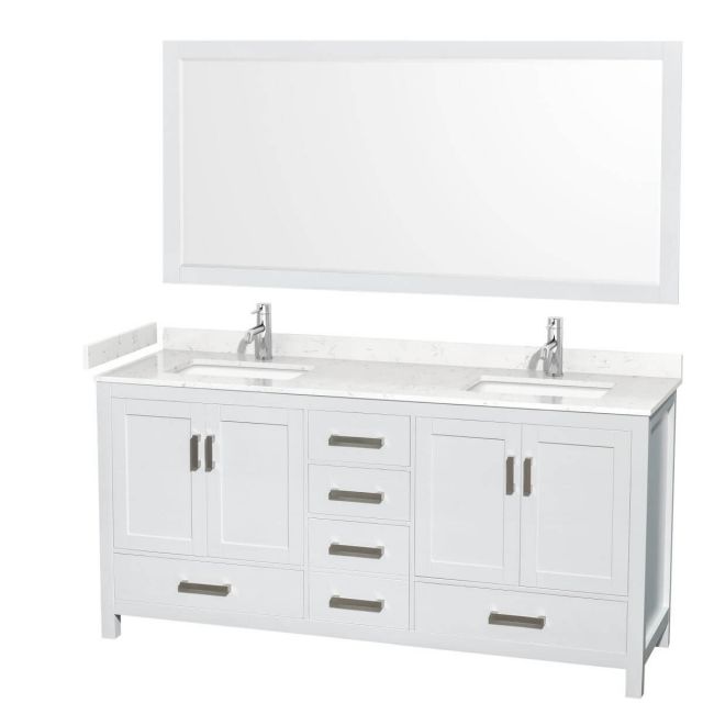 Wyndham Collection Sheffield 72 inch Double Bathroom Vanity in White with Carrara Cultured Marble Countertop, Undermount Square Sinks and 70 inch Mirror - WCS141472DWHC2UNSM70