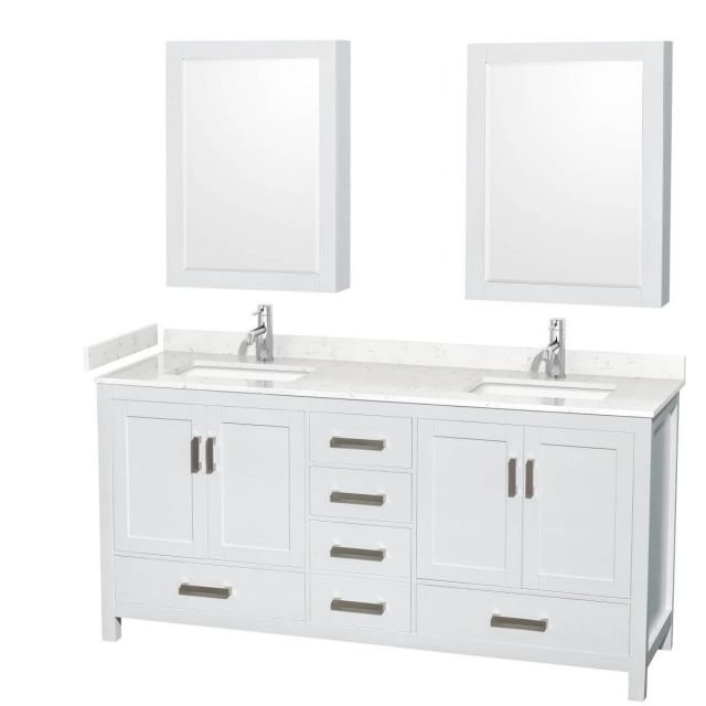 Wyndham Collection Sheffield 72 inch Double Bathroom Vanity in White with Carrara Cultured Marble Countertop, Undermount Square Sinks and Medicine Cabinets - WCS141472DWHC2UNSMED