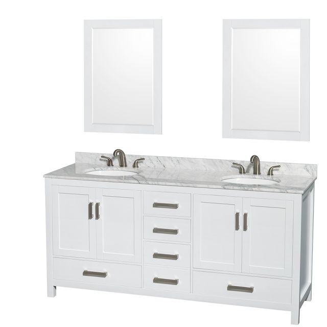 Wyndham Collection Sheffield 72 Inch Double Bath Vanity In White, White Carrara Marble Countertop, Undermount Oval Sinks, and 24 Inch Mirrors - WCS141472DWHCMUNOM24