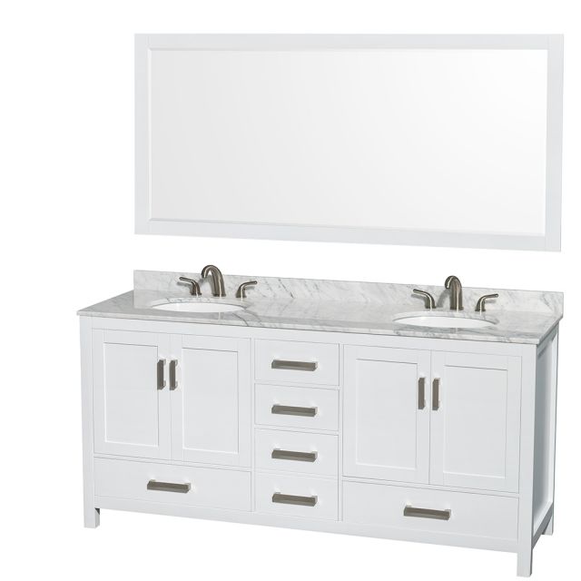 Wyndham Collection Sheffield 72 Inch Double Bath Vanity In White, White Carrara Marble Countertop, Undermount Oval Sinks, and 70 Inch Mirror - WCS141472DWHCMUNOM70