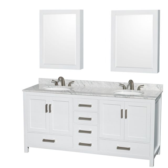Wyndham Collection Sheffield 72 Inch Double Bath Vanity In White, White Carrara Marble Countertop, Undermount Oval Sinks, and Medicine Cabinets - WCS141472DWHCMUNOMED