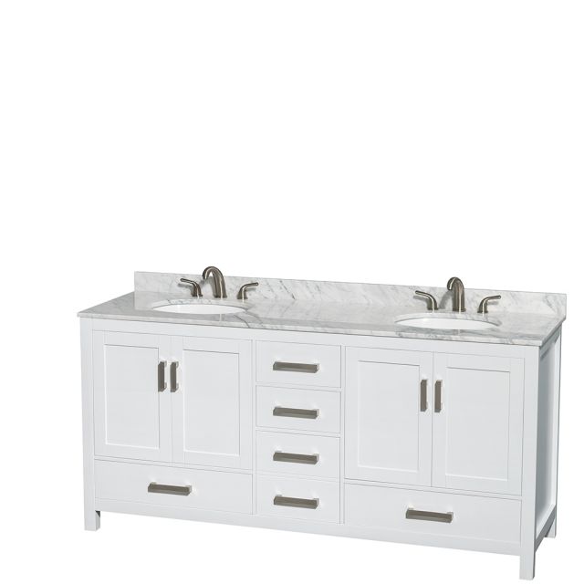 Wyndham Collection Sheffield 72 Inch Double Bath Vanity In White, White Carrara Marble Countertop, Undermount Oval Sinks, and No Mirror - WCS141472DWHCMUNOMXX