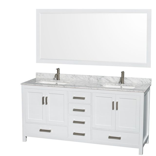 Wyndham Collection Sheffield 72 Inch Double Bath Vanity In White, White Carrara Marble Countertop, Undermount Square Sinks, and 70 Inch Mirror - WCS141472DWHCMUNSM70