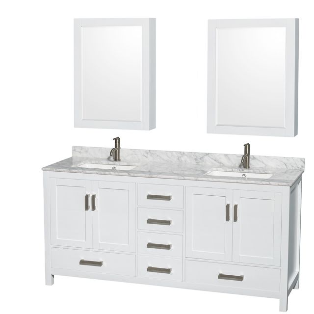 Wyndham Collection Sheffield 72 Inch Double Bath Vanity In White, White Carrara Marble Countertop, Undermount Square Sinks, and Medicine Cabinets - WCS141472DWHCMUNSMED