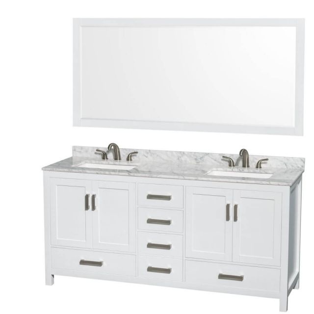 Wyndham Collection Sheffield 72 Inch Double Bath Vanity in White with White Carrara Marble Countertop, Undermount 3-Hole Square Sinks and 70 Inch Mirror - WCS141472DWHCMUS3M70