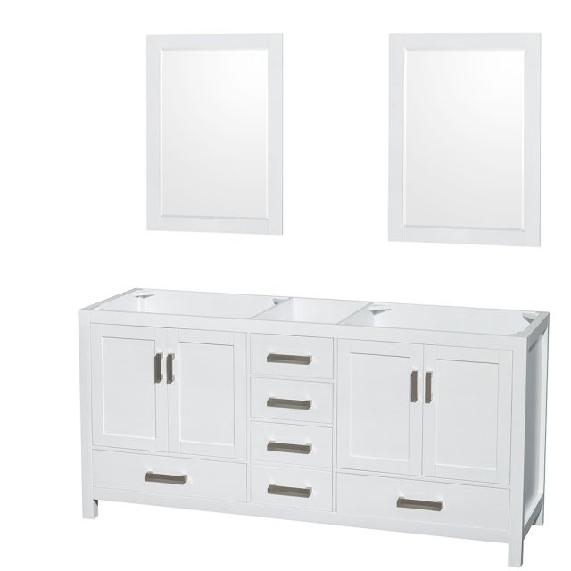 Wyndham Collection Sheffield 72 Inch Double Bath Vanity In White, No Countertop, No Sinks, and 24 Inch Mirrors - WCS141472DWHCXSXXM24