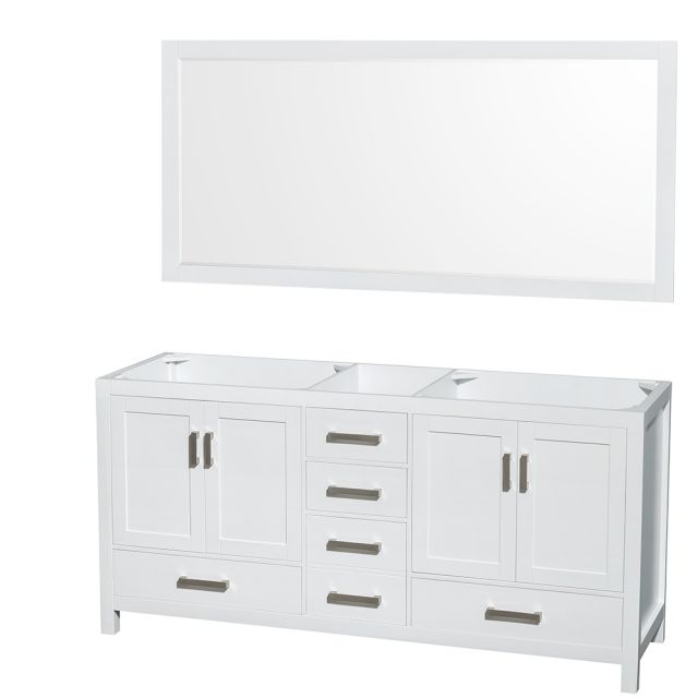 Wyndham Collection Sheffield 72 Inch Double Bath Vanity In White, No Countertop, No Sinks, and 70 Inch Mirror - WCS141472DWHCXSXXM70