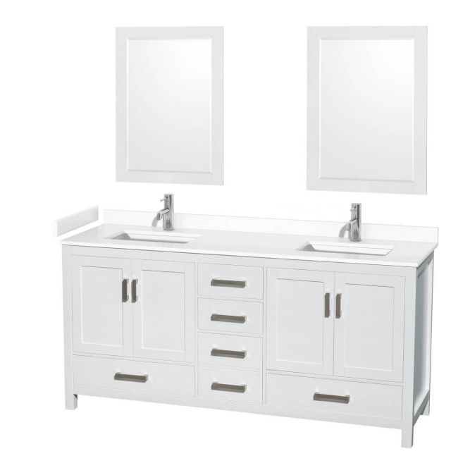 Wyndham Collection Sheffield 72 inch Double Bathroom Vanity in White with White Cultured Marble Countertop, Undermount Square Sinks and 24 inch Mirrors - WCS141472DWHWCUNSM24