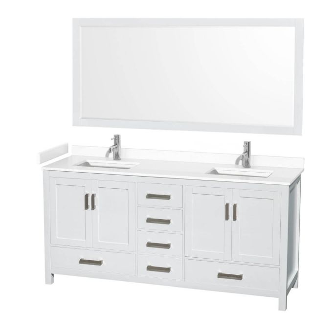 Wyndham Collection Sheffield 72 inch Double Bathroom Vanity in White with White Cultured Marble Countertop, Undermount Square Sinks and 70 inch Mirror - WCS141472DWHWCUNSM70
