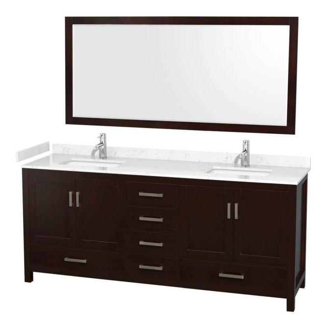 Wyndham Collection Sheffield 80 inch Double Bathroom Vanity in Espresso with Carrara Cultured Marble Countertop, Undermount Square Sinks and 70 inch Mirror - WCS141480DESC2UNSM70