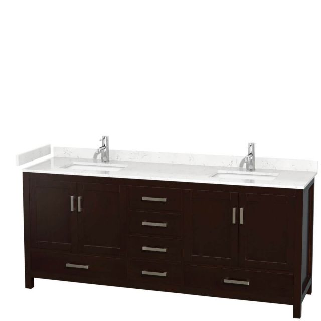 Wyndham Collection Sheffield 80 inch Double Bathroom Vanity in Espresso with Carrara Cultured Marble Countertop, Undermount Square Sinks and No Mirror - WCS141480DESC2UNSMXX