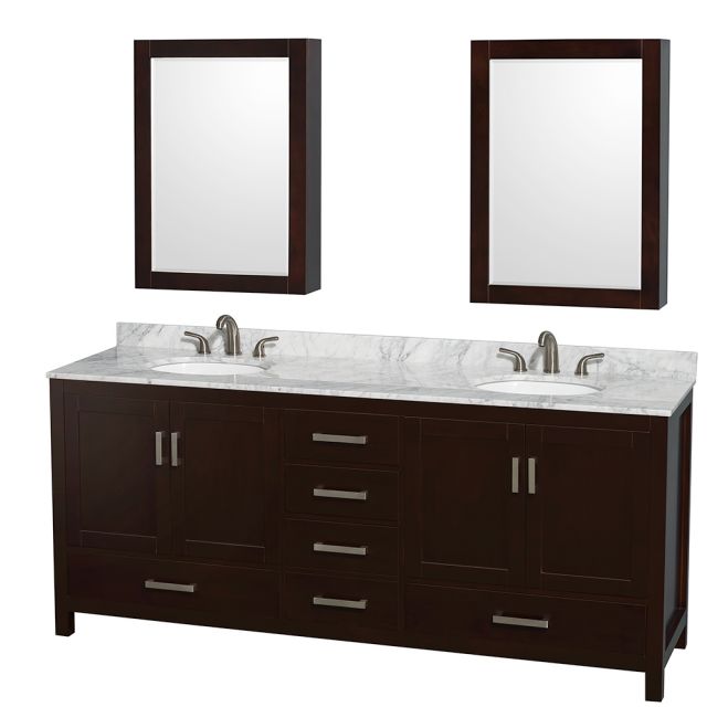 Wyndham Collection Sheffield 80 Inch Double Bath Vanity in Espresso, White Carrara Marble Countertop, Undermount Oval Sinks, and Medicine Cabinets - WCS141480DESCMUNOMED