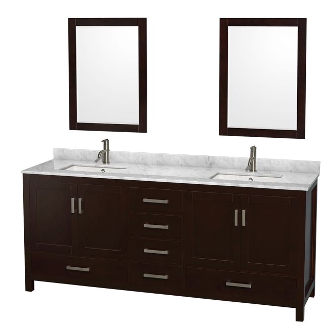 Wyndham Collection Sheffield 80 Inch Double Bath Vanity in Espresso, White Carrara Marble Countertop, Undermount Square Sinks, and 24 Inch Mirrors - WCS141480DESCMUNSM24