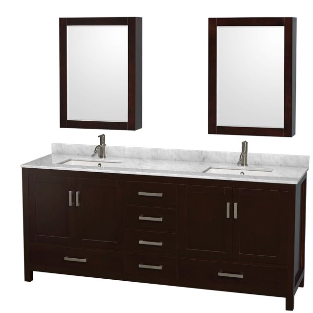 Wyndham Collection Sheffield 80 Inch Double Bath Vanity in Espresso, White Carrara Marble Countertop, Undermount Square Sinks, and Medicine Cabinets - WCS141480DESCMUNSMED