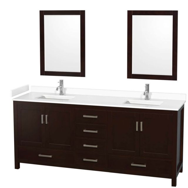 Wyndham Collection Sheffield 80 inch Double Bathroom Vanity in Espresso with White Cultured Marble Countertop, Undermount Square Sinks and 24 inch Mirrors - WCS141480DESWCUNSM24