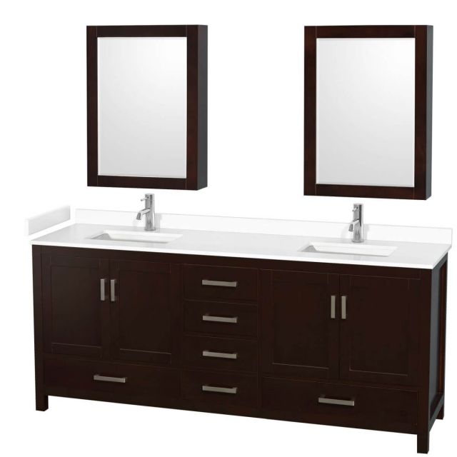 Wyndham Collection Sheffield 80 inch Double Bathroom Vanity in Espresso with White Cultured Marble Countertop, Undermount Square Sinks and Medicine Cabinets - WCS141480DESWCUNSMED