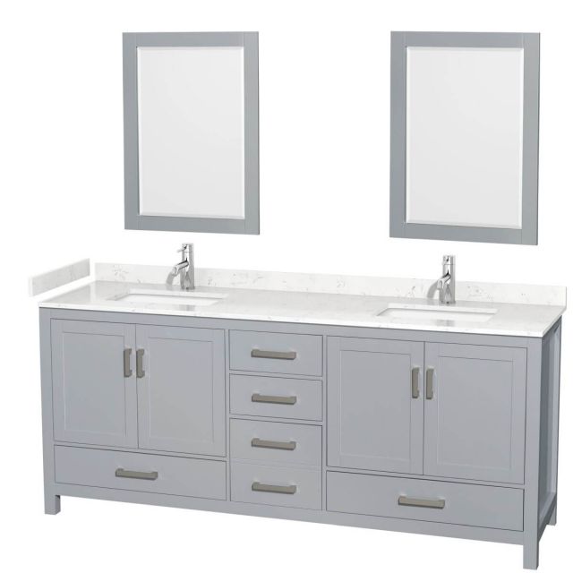 Wyndham Collection Sheffield 80 inch Double Bathroom Vanity in Gray with Carrara Cultured Marble Countertop, Undermount Square Sinks and 24 inch Mirrors - WCS141480DGYC2UNSM24