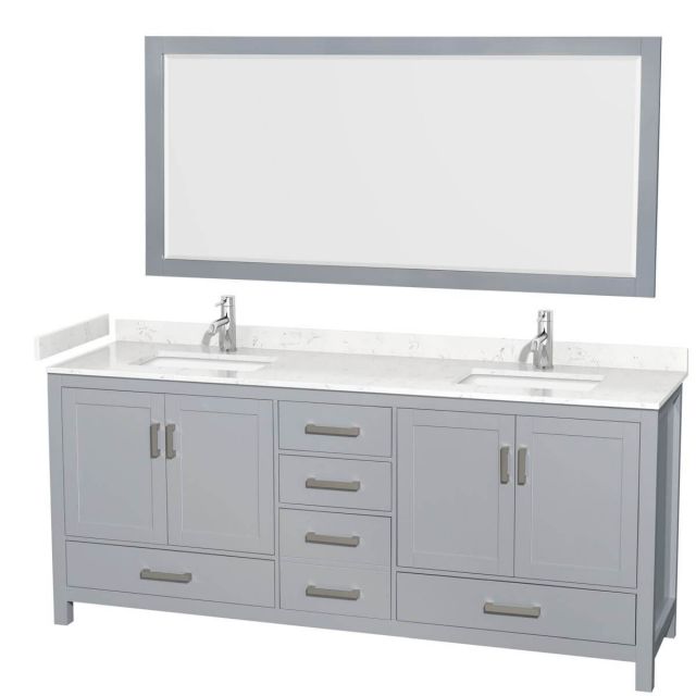 Wyndham Collection Sheffield 80 inch Double Bathroom Vanity in Gray with Carrara Cultured Marble Countertop, Undermount Square Sinks and 70 inch Mirror - WCS141480DGYC2UNSM70
