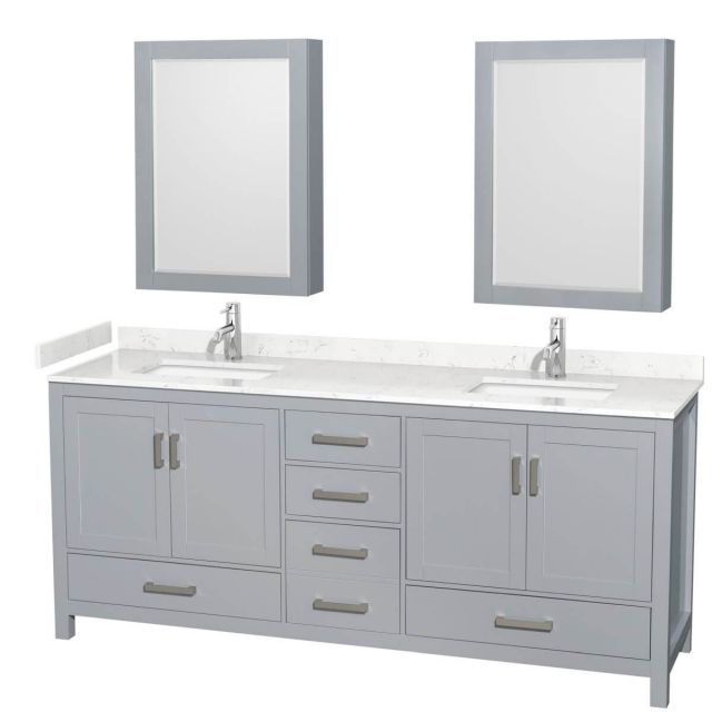 Wyndham Collection Sheffield 80 inch Double Bathroom Vanity in Gray with Carrara Cultured Marble Countertop, Undermount Square Sinks and Medicine Cabinets - WCS141480DGYC2UNSMED