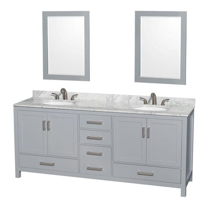 Wyndham Collection Sheffield 80 Inch Double Bath Vanity In Gray with White Carrara Marble Countertop with Undermount Oval Sinks and 24 Inch Mirrors - WCS141480DGYCMUNOM24