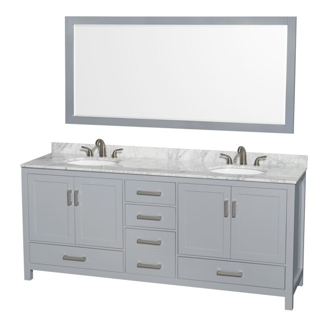 Wyndham Collection Sheffield 80 Inch Double Bath Vanity In Gray with White Carrara Marble Countertop with Undermount Oval Sinks and 70 Inch Mirror - WCS141480DGYCMUNOM70