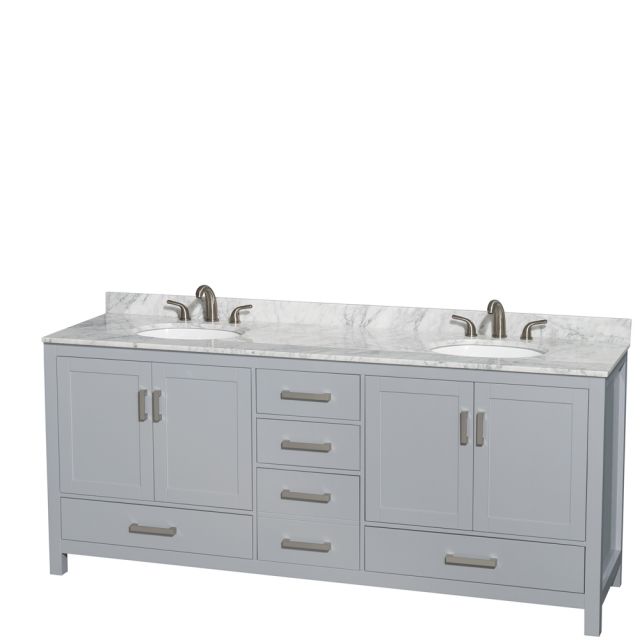 Wyndham Collection Sheffield 80 Inch Double Bath Vanity In Gray with White Carrara Marble Countertop and Undermount Oval Sinks - WCS141480DGYCMUNOMXX