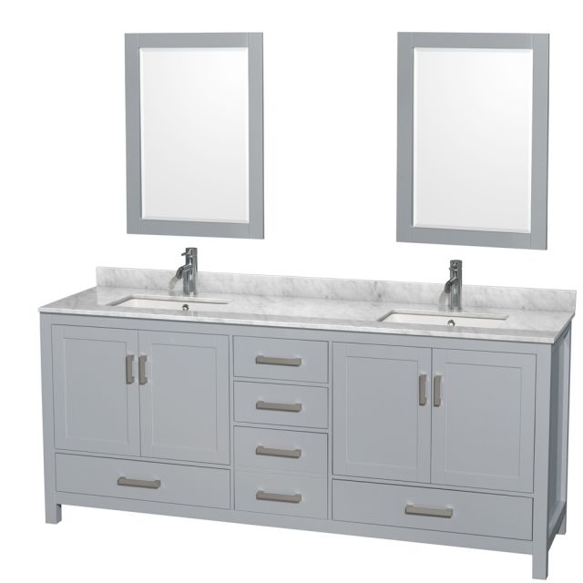 Wyndham Collection Sheffield 80 Inch Double Bath Vanity In Gray with White Carrara Marble Countertop with Undermount Square Sinks and 24 Inch Mirrors - WCS141480DGYCMUNSM24