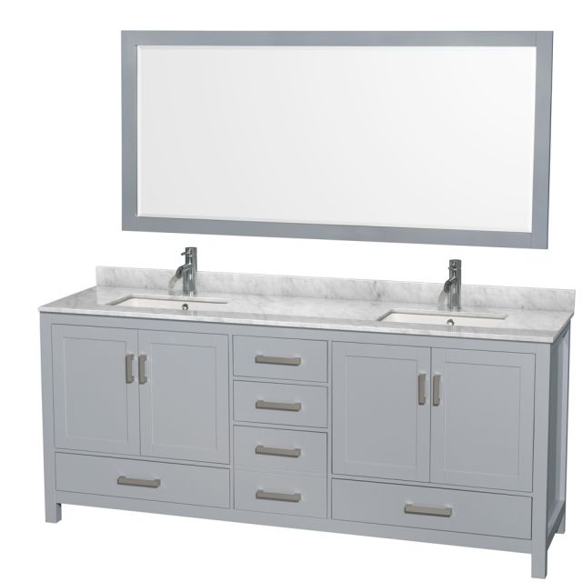 Wyndham Collection Sheffield 80 Inch Double Bath Vanity In Gray with White Carrara Marble Countertop with Undermount Square Sinks and 70 Inch Mirror - WCS141480DGYCMUNSM70
