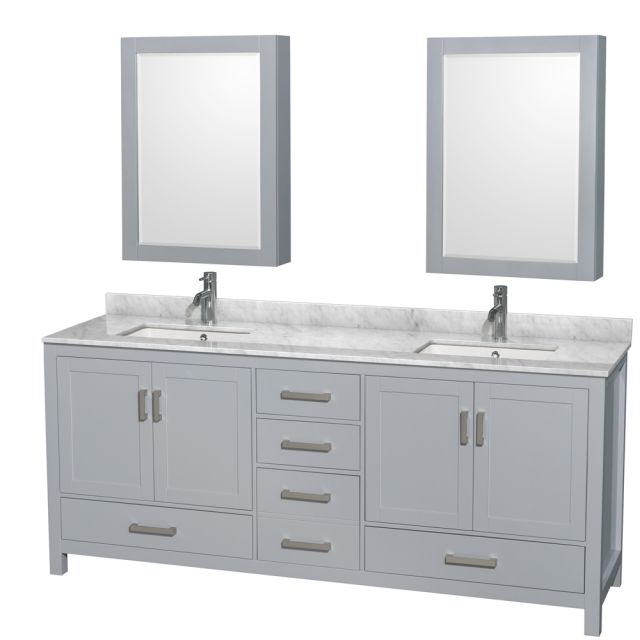 Wyndham Collection Sheffield 80 Inch Double Bath Vanity In Gray with White Carrara Marble Countertop with Undermount Square Sinks and Medicine Cabinets - WCS141480DGYCMUNSMED
