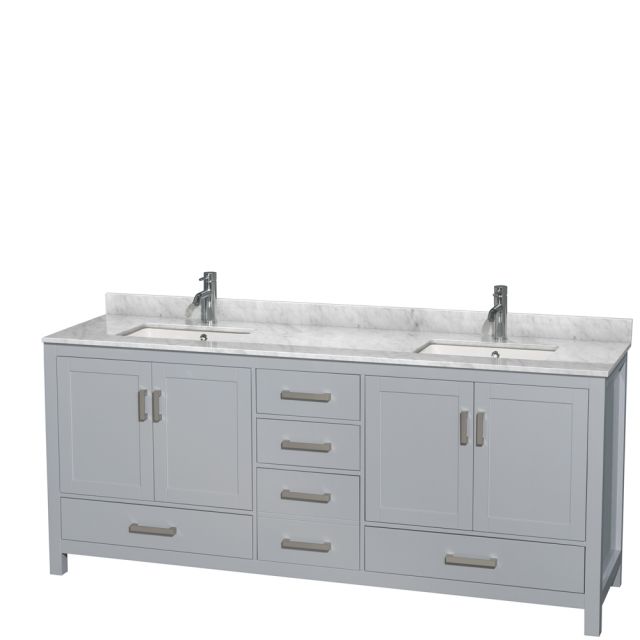 Wyndham Collection Sheffield 80 Inch Double Bath Vanity In Gray with White Carrara Marble Countertop and Undermount Square Sinks - WCS141480DGYCMUNSMXX