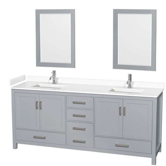 Wyndham Collection Sheffield 80 inch Double Bathroom Vanity in Gray with White Cultured Marble Countertop, Undermount Square Sinks and 24 inch Mirrors - WCS141480DGYWCUNSM24