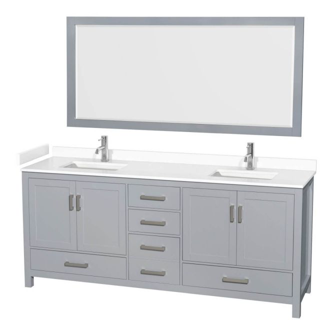 Wyndham Collection Sheffield 80 inch Double Bathroom Vanity in Gray with White Cultured Marble Countertop, Undermount Square Sinks and 70 inch Mirror - WCS141480DGYWCUNSM70
