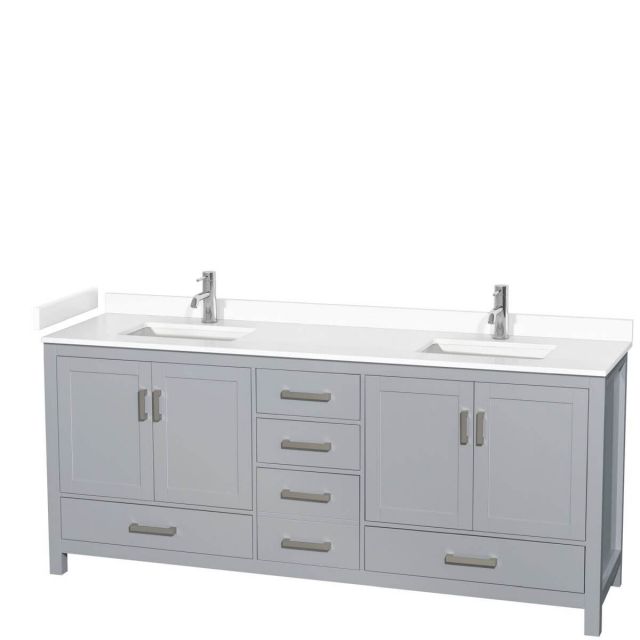 Wyndham Collection Sheffield 80 inch Double Bathroom Vanity in Gray with White Cultured Marble Countertop, Undermount Square Sinks and No Mirror - WCS141480DGYWCUNSMXX