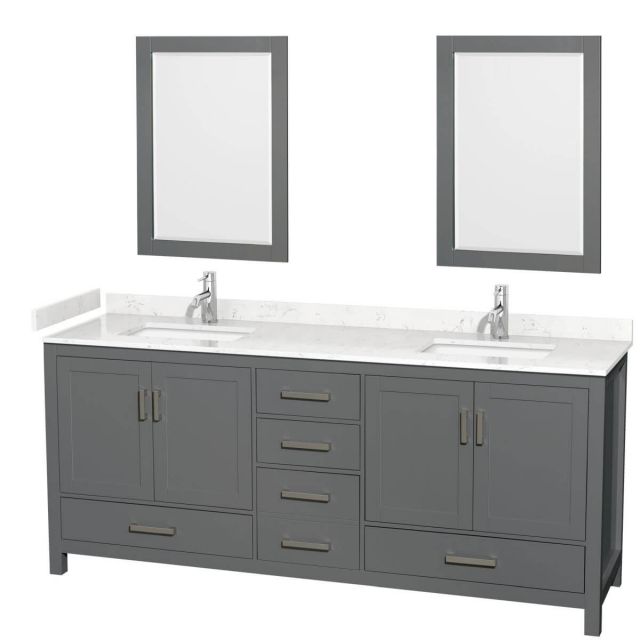 Wyndham Collection Sheffield 80 inch Double Bathroom Vanity in Dark Gray with Carrara Cultured Marble Countertop, Undermount Square Sinks and 24 inch Mirrors - WCS141480DKGC2UNSM24