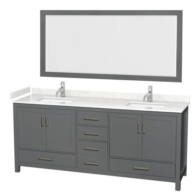 Wyndham Collection Sheffield 80 inch Double Bathroom Vanity in Dark Gray with Carrara Cultured Marble Countertop, Undermount Square Sinks and 70 inch Mirror - WCS141480DKGC2UNSM70