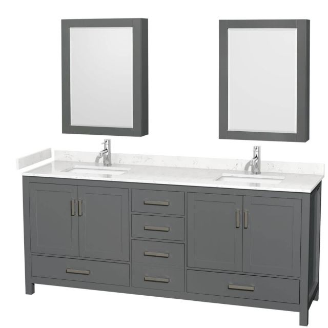 Wyndham Collection Sheffield 80 inch Double Bathroom Vanity in Dark Gray with Carrara Cultured Marble Countertop, Undermount Square Sinks and Medicine Cabinets - WCS141480DKGC2UNSMED