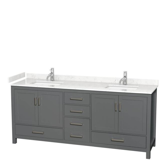 Wyndham Collection Sheffield 80 inch Double Bathroom Vanity in Dark Gray with Carrara Cultured Marble Countertop, Undermount Square Sinks and No Mirror - WCS141480DKGC2UNSMXX