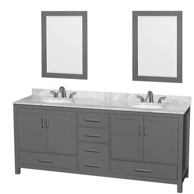Wyndham Collection Sheffield 80 Inch Double Bath Vanity In Dark Gray with White Carrara Marble Countertop with Undermount Oval Sinks with 24 Inch Mirrors - WCS141480DKGCMUNOM24