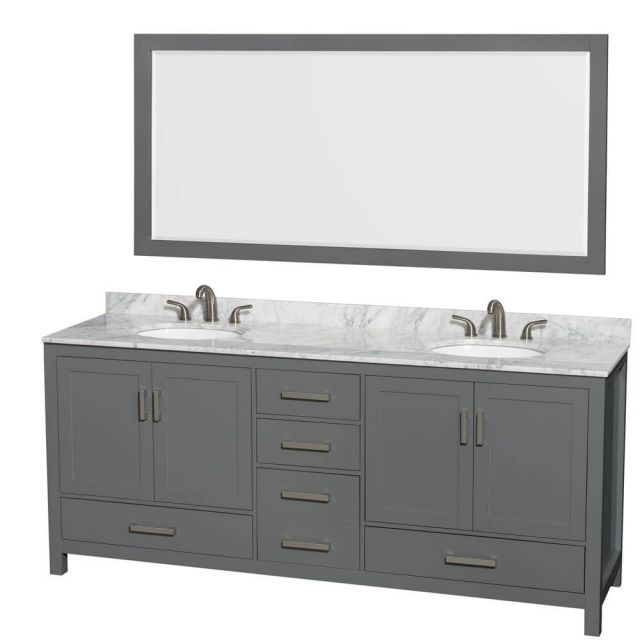 Wyndham Collection Sheffield 80 Inch Double Bath Vanity In Dark Gray with White Carrara Marble Countertop with Undermount Oval Sinks with 70 Inch Mirror - WCS141480DKGCMUNOM70