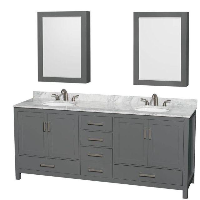Wyndham Collection Sheffield 80 Inch Double Bath Vanity In Dark Gray with White Carrara Marble Countertop with Undermount Oval Sinks with Medicine Cabinets - WCS141480DKGCMUNOMED