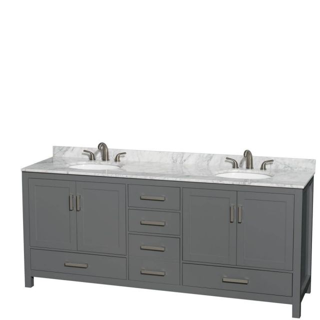 Wyndham Collection Sheffield 80 Inch Double Bath Vanity In Dark Gray with White Carrara Marble Countertop with Undermount Oval Sinks - WCS141480DKGCMUNOMXX